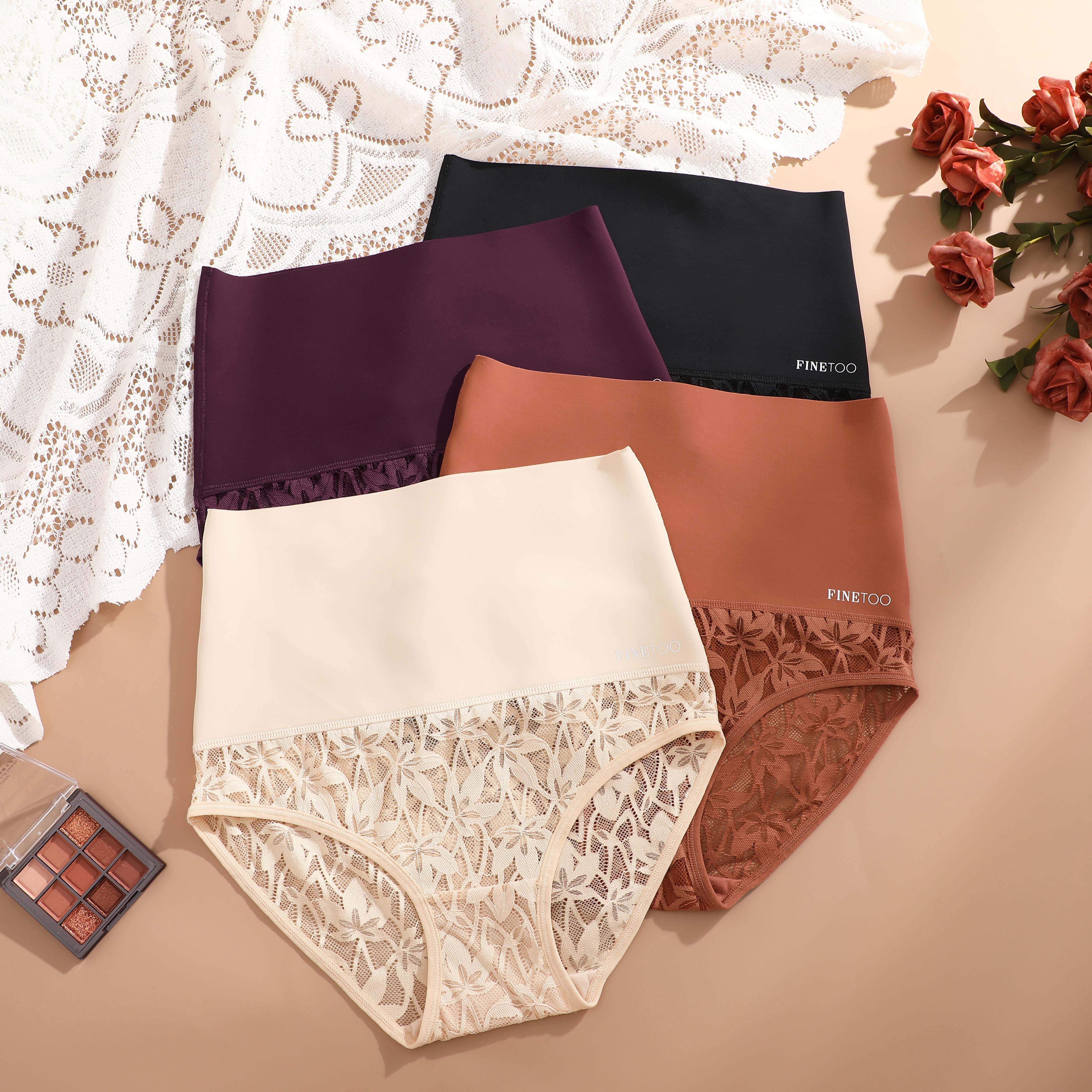 FINETOO 4PCS High Waist Briefs Spandex Underwear for Women Elegant Sexy Lace Bikini Style High Quality Comfortable Everyday Panties S-3XL Womenswear SpringStatements