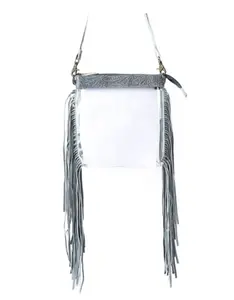 Myra clear bags with tooled leather details and fringe