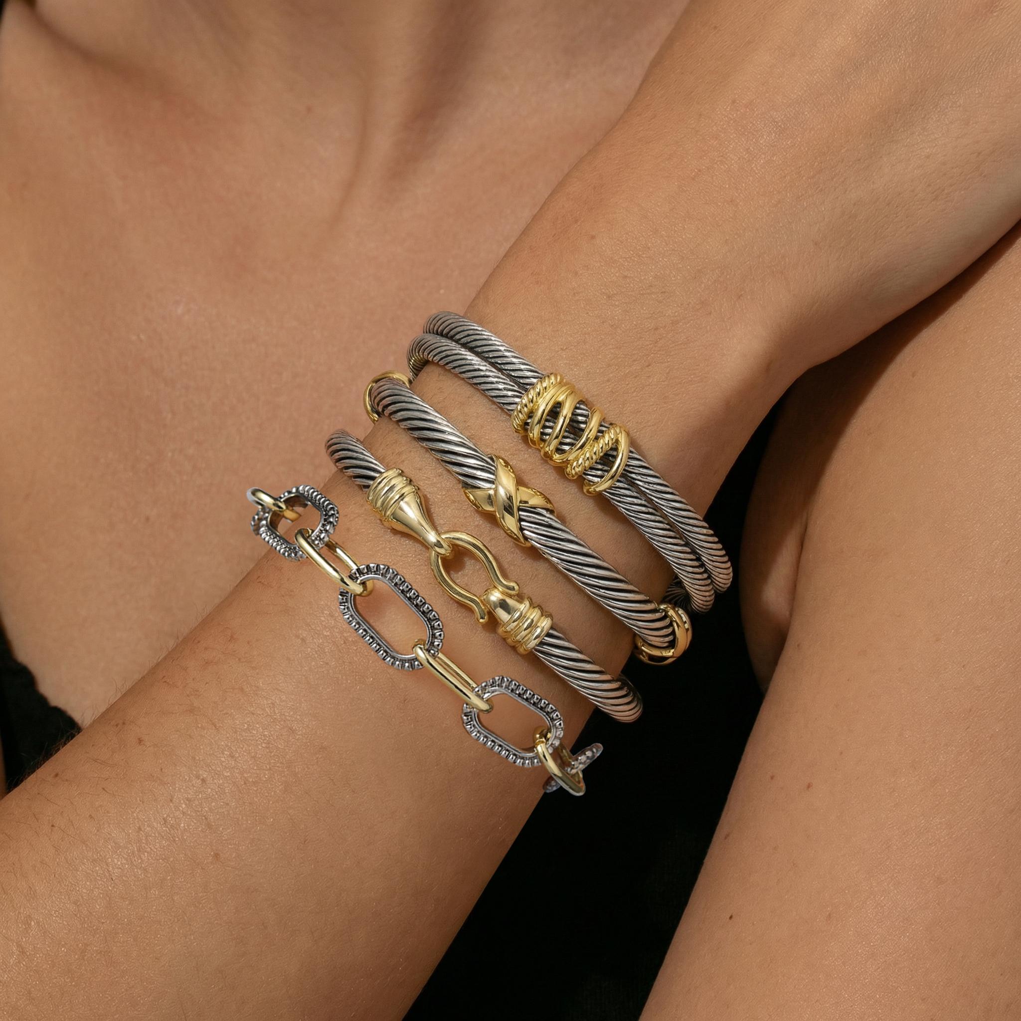 Aprilery Trendy 4PCS Twisted Cable & Chain Link Jewelry Set – Stackable Knot & Hook Bangle Bracelets for Women