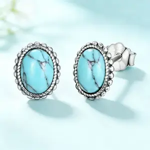 WSY jewelry S925 silver ear studs with female design, faux green turquoise, stylish and retro earrings.