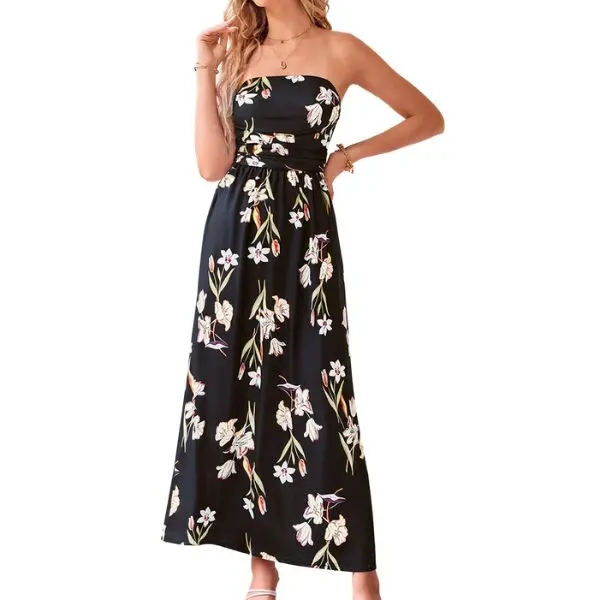 Grace Karin Women's Bohemian Strapless Maxi Dress, Ruched Floral Print Flowy Summer Beach Sundress with Pockets, Plus Size Friendly, Casual Wear, Plussize, Casual Dresses, Women's Clothes, Plus Size Clothes, Maxi Dress For Women