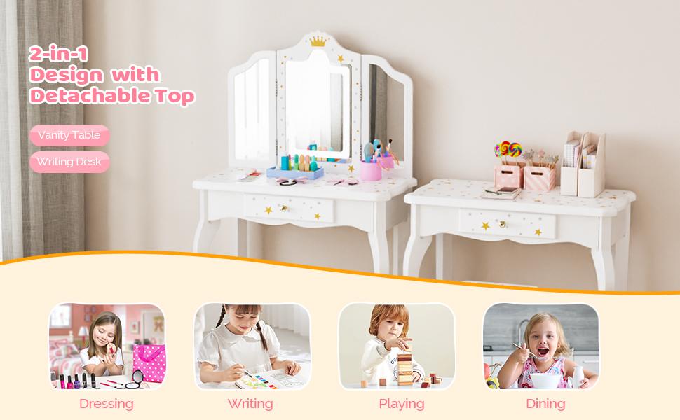 JOYMOR Upgrade Kids Vanity, 2-in-1 Girls Vanity w/Tri-Folding Mirror & Adjustment LED Touch Screen, 1 Drawer, Kids Vanity Set with Mirror Age 4-9 (White)