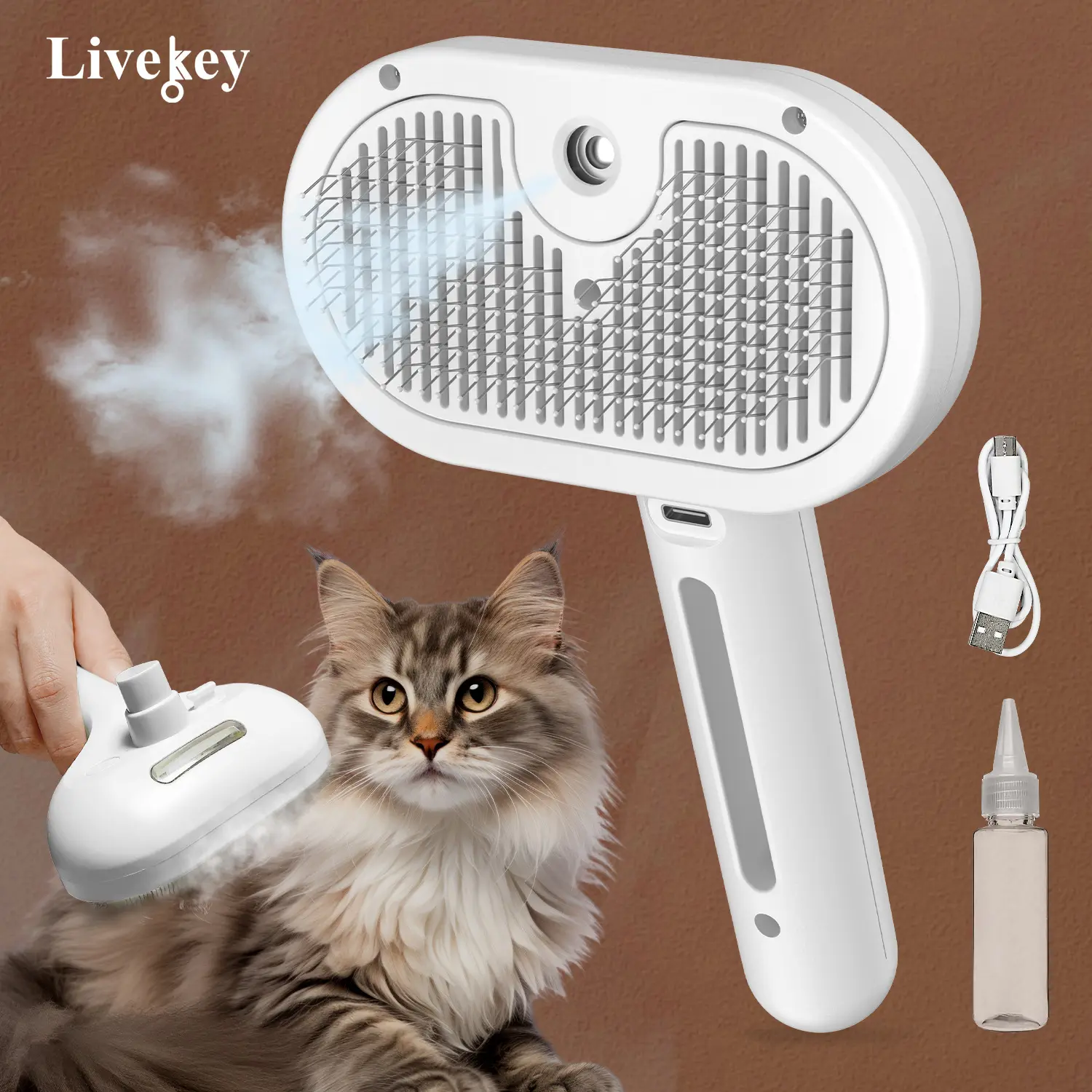 LIVEKEY Pet Shedding Grooming Brush, Grooming Supplies - 3-in-1 Fur Removal Brush with Mist Spray, Dematting Comb, 1-Button Clean, Skin-Safe Tool for Long & Short Haired Small Animals, Shedding Grooming Brushes