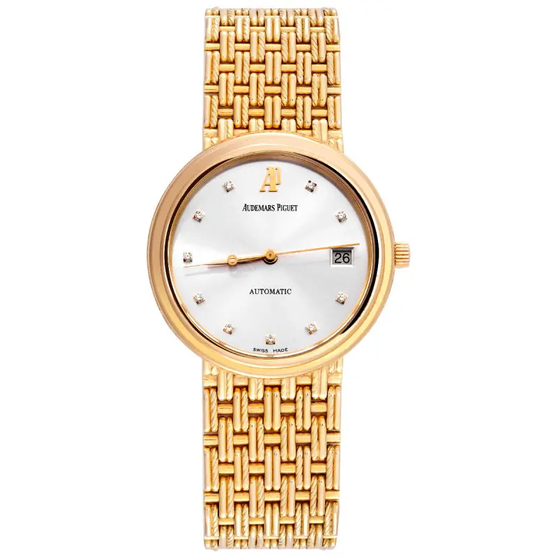 Audemars Piguet Vintage Classic 36mm Automatic 18K Yellow Gold Silver Dial with Factory Diamond Hour Markers Woven Gold Bracelet Ladies / Midsize Watch WHP042442