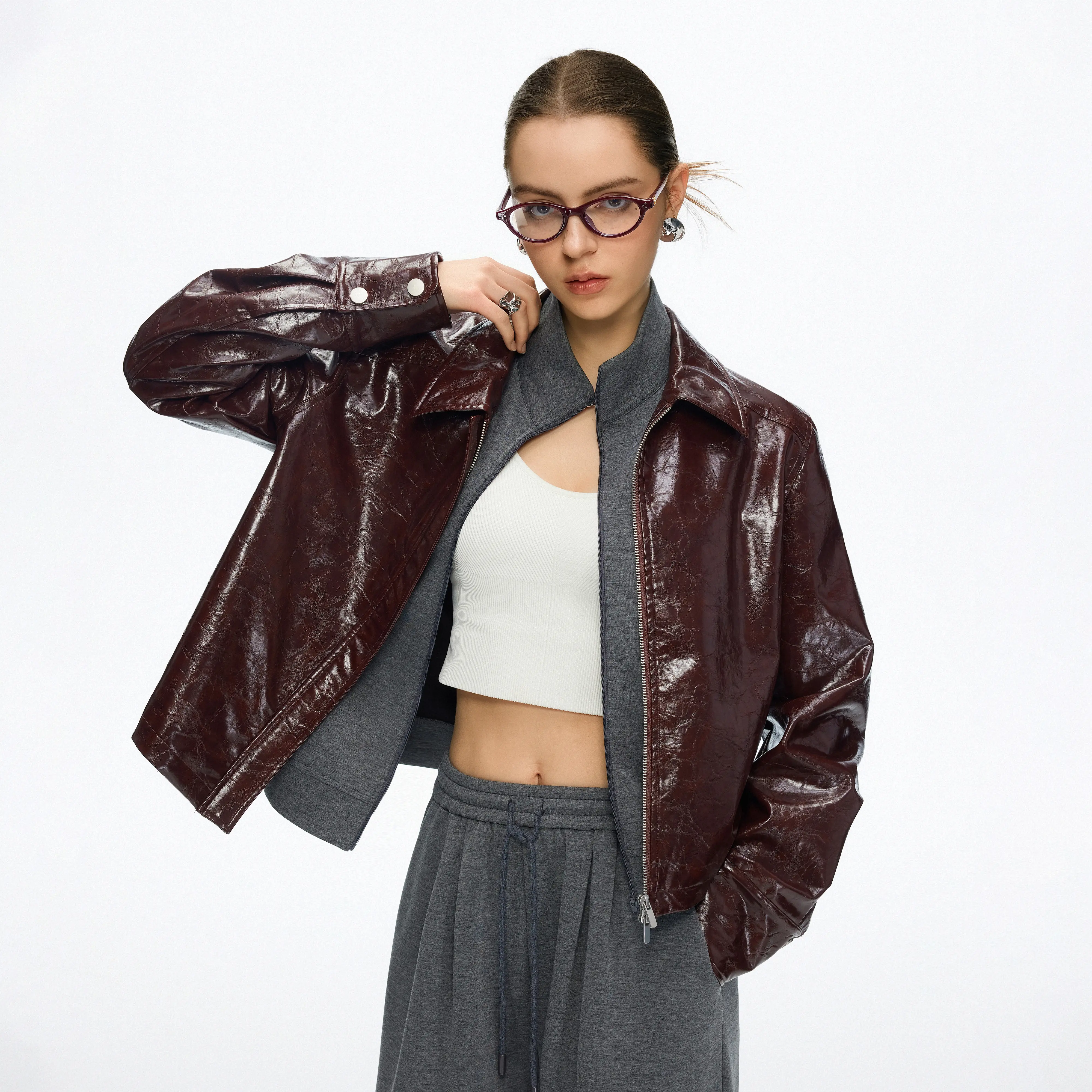 jccc shadow Women's Stitch-Detailed Stand Collar Lightweight Faux Leather Jacket - Streetwear Style Long Sleeve Waterproof Windproof Outerwear for Spring & Fall, Ladies' Daily Wear Turtleneck Cargo Pants Compatible Chic Top