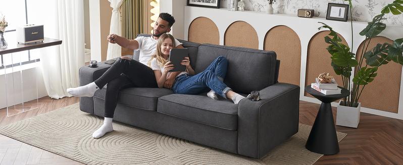 AMERLIFE Sofa, Modern Sofa Couch with USB Charging Ports & Cup Holders, Comfy Sofa- Deep Seat Couch for Living Room