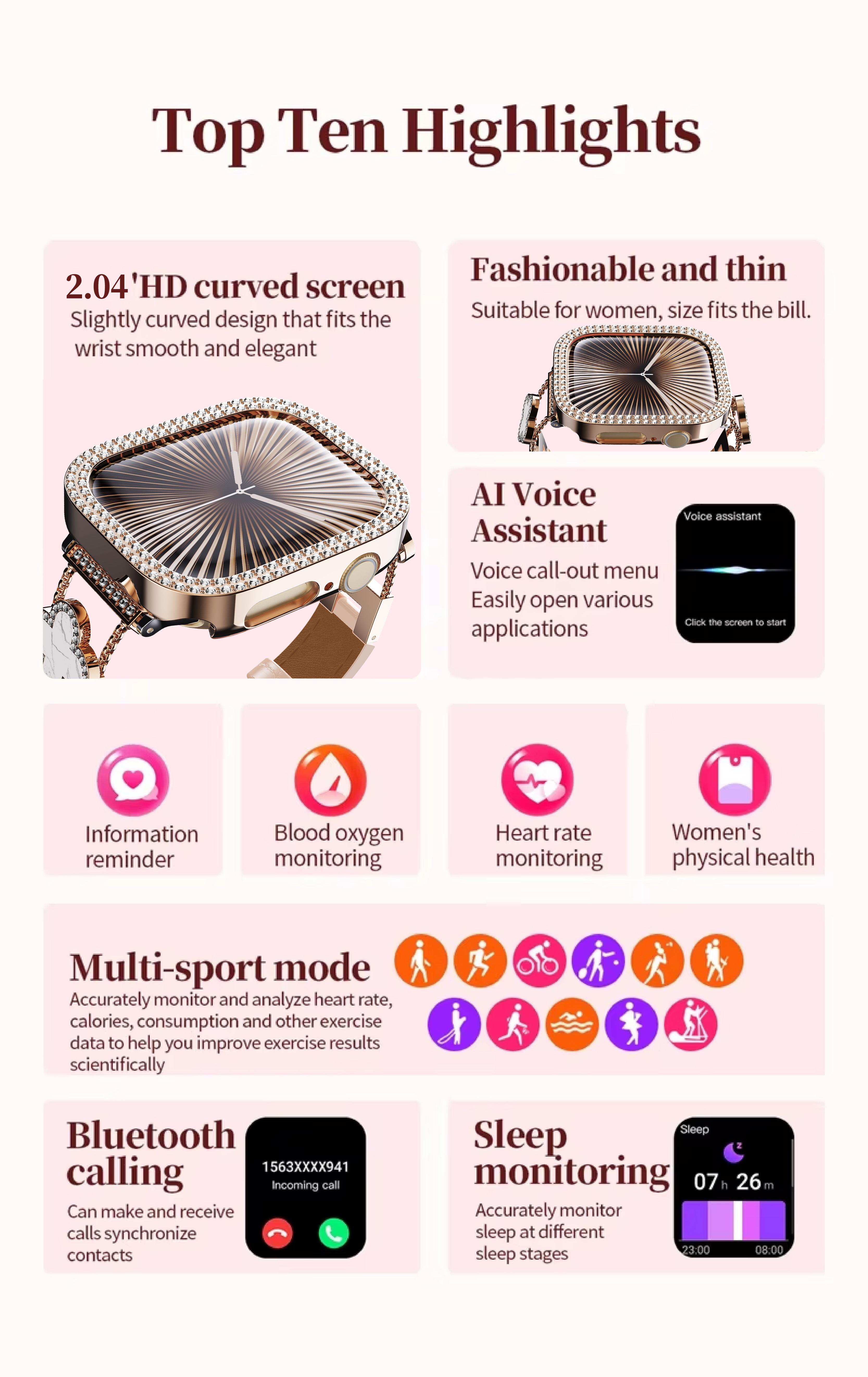 W&O Smart Watch for Android & iOS 2.04" Touch Screen Fitness Tracker with Answer/Make Calls IP67 Waterproof Pedometer 100+ Sport Modes Gift