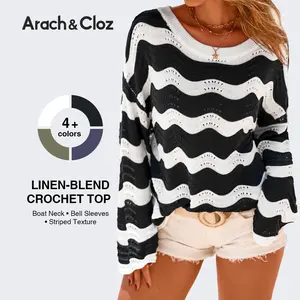 Arach&Cloz Women's Linen Blend Crochet Bell Sleeve Beach Vacation Striped Tops 2026
