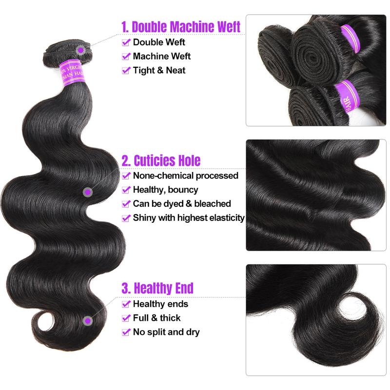 AMA Raw Body Wave Bundles 15A Grade Unprocessed Human Hair Bundles With Closure 2x6 Inch Quick Weave Extensions
