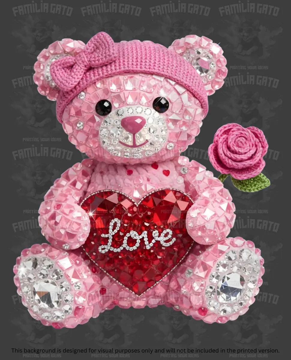 Valentine's Day Rhinestone Teddy Bear with Head Bow #2 DTF Transfer, Specialty DIY Supply for Toys & Hobbies Projects, Compatible with All Color Fabrics, Durable, Stretchable