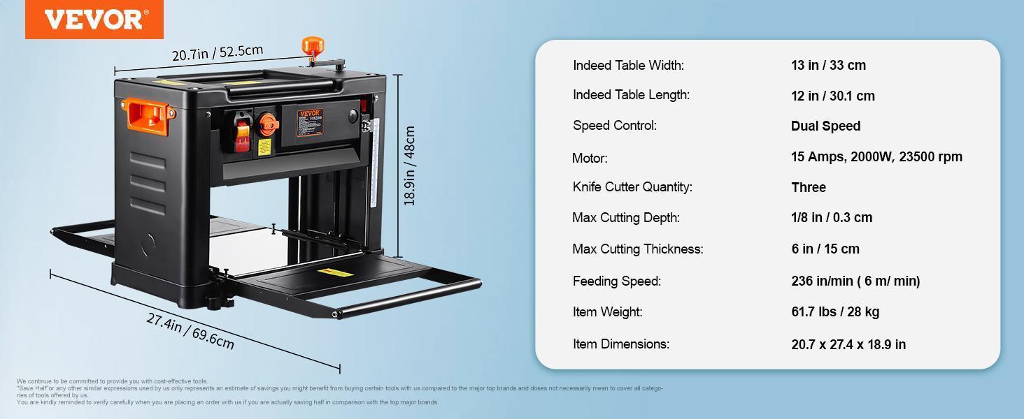 VEVOR Thickness Planer, Single Speed, 13" Width Worktable Benchtop Planer, Two-Blade, 15-Amp 1800W Powerful Motor, 12" Extended Infeeding Table, Low Noise for both hard & soft wood material removal
