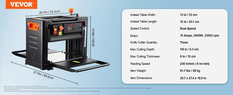 VEVOR Thickness Planer, Single Speed, 13" Width Worktable Benchtop Planer, Two-Blade, 15-Amp 1800W Powerful Motor, 12" Extended Infeeding Table, Low Noise for both hard & soft wood material removal