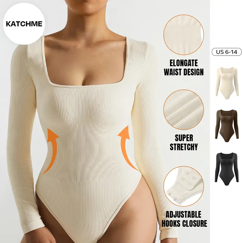 KatchMe Women's Solid Color Minimalist Square Neck Long Sleeve Seamless Bodysuit, Elegant Simple Bodysuits, Plain Sport & Outdoor Clothing