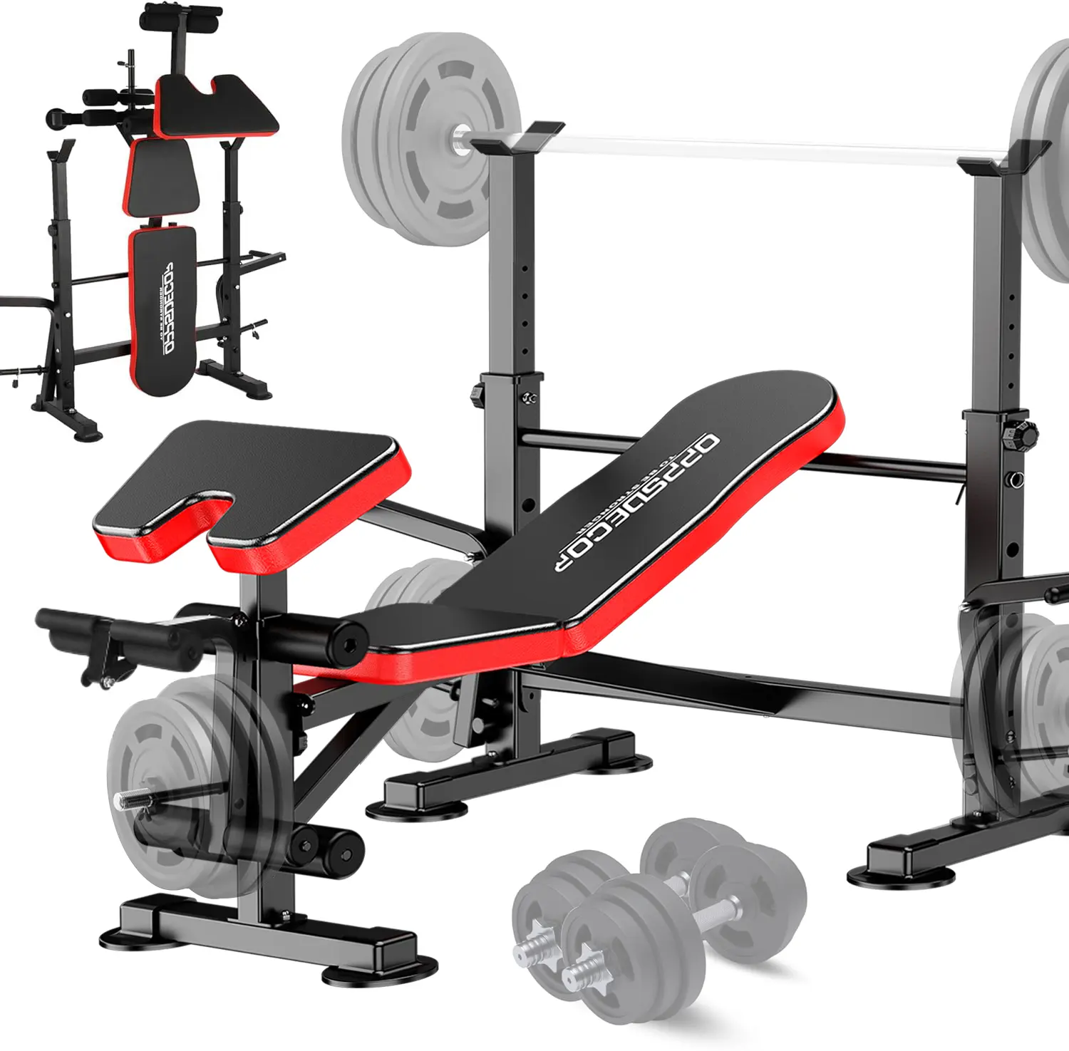 OPPSDECOR 6-in-1 Foldable Weight Bench with Squat Rack, Leg Developer & Preacher Curl, Adjustable Flat-Incline Imitation Leather Seat for Home Gym Strength Training, 660 lbs Capacity, Multi-Level Adjust, Strength Training Equipment, Foldable Frame
