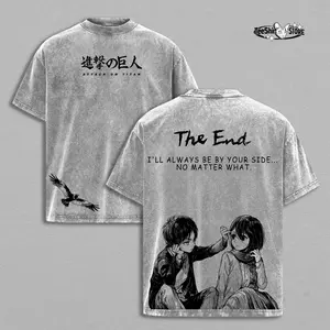 Eren Yeager & Mikasa Ackerman Attack on Titan T-Shirt – Vintage Washed Oversized Anime Graphic Tee And Hoodie, “The End” Gothic Design, Heavy Cotton Unisex Streetwear, Retro Gothic Graphic Top Gift For Manga Anime Fan