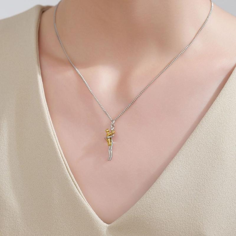 Eternal Hug Embrace Pendant Necklace for Mom, Silver & Gold Two-Tone Mom & Child Charm. A Heartfelt Family Gift Jewelry for Birthdays, Parties & Special Celebrations.