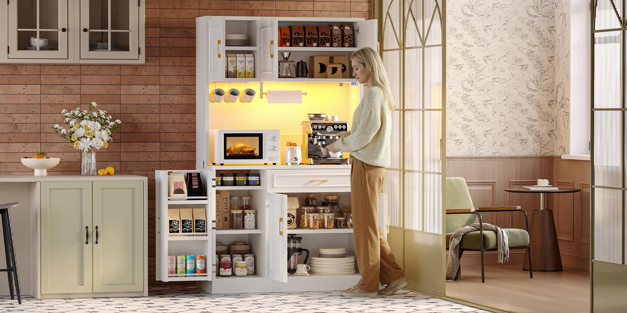 Bestier 71" Kitchen Pantry Cabinet with LED Lights & Charging Station, Freestanding Buffet Hutch with Adjustable Shelves, Hooks & Paper Towel Holder for Kitchen Dining Room