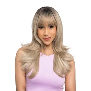 20-inch Light Ash Brown Ombre (Dark Brown Roots) Flicked End Layered Wavy Cut Synthetic Wig | 【Heat Resistant】【Cap Included】 |  FSGA