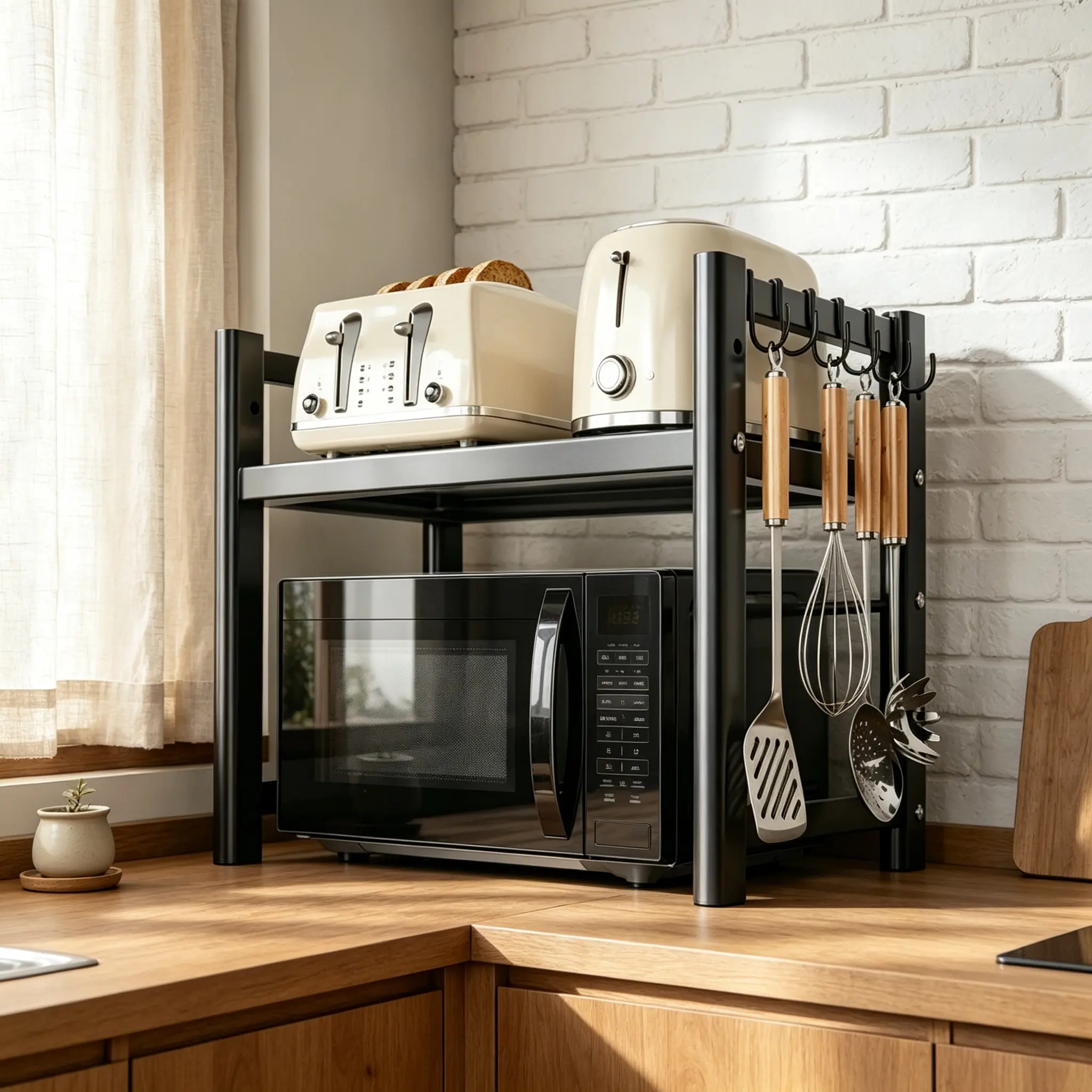 2-Tier Adjustable Height Stainless Steel Kitchen Countertop Microwave Oven Storage Shelf - Rectangular Space-Saving Rack with Hook Arms, Requires Assembly for Air Fryer, Toaster