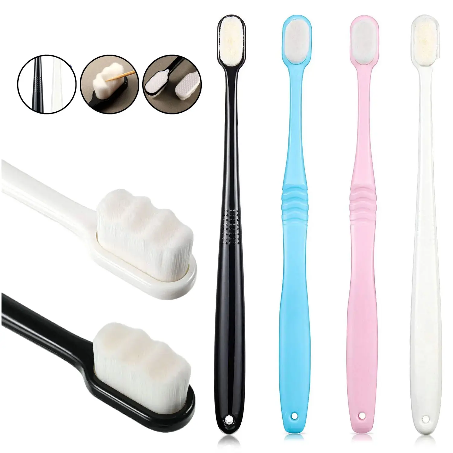 4 Pack Nano Ultra Soft Bristle Manual Toothbrush, 20000 Micro Bristles Gentle Cleaning Toothbrush for Sensitive Teeth and Gum, for Adults Kids, Pink Blue Black White Assorted Colors