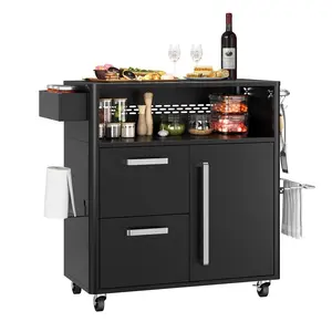 Gaomon Outdoor Grill Cart - Stainless Steel Multifunction Food Prep Table with Storage Shelf, Cabinet, Magnetic Accessory Holder, Movable Universal Wheels for Outdoor Grilling Use