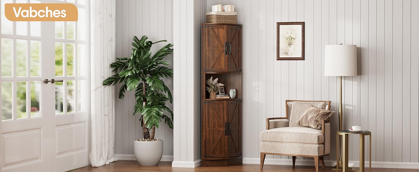 Vabches 64.8" Tall Farmhouse Corner Cabinet with 4 Doors and 5 Storage Shelves, Farmhouse Storage Cabinet with Barn Door Design, Home Space Saver for Living Room, Kitchen, Laundry Room