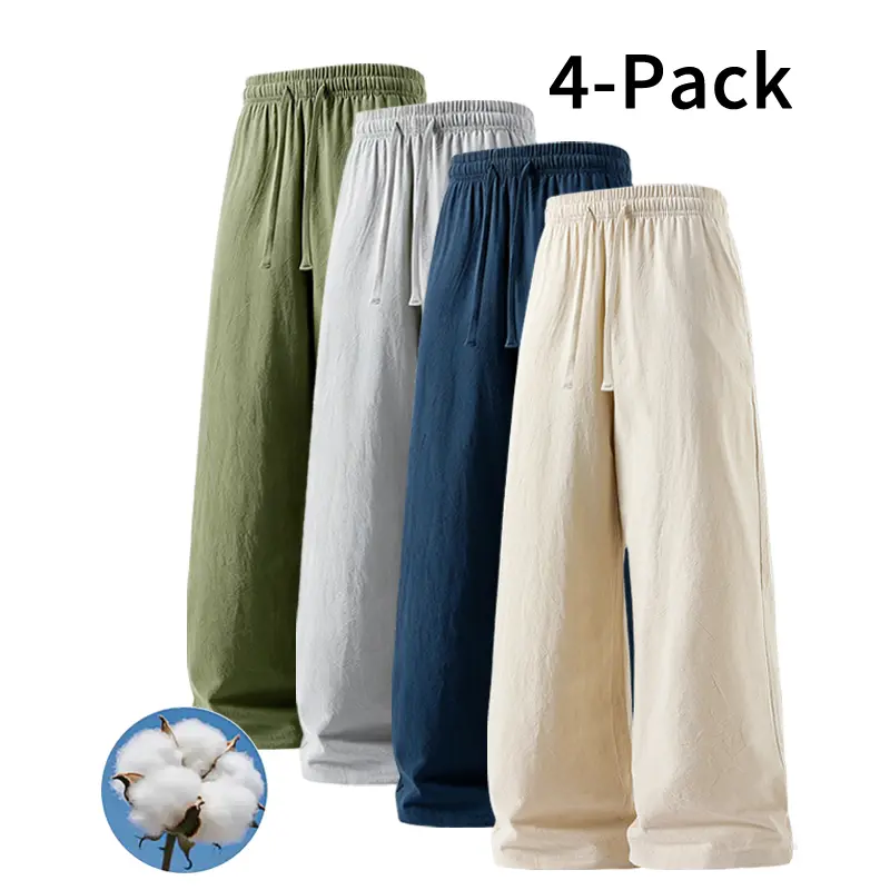 4 Pack Minimalist Cotton Linen Pants Elastic Waist Drawstring Pants, Perfect for Layering (Optional 4 Pack and 2 Pack)