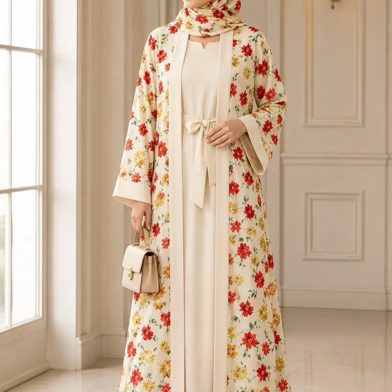 Ayeshas Collection Women's Traditional Elegant Islamic 4-Piece Printed Floral Abaya Set - Casual Abaya, Long Sleeve Chiffon Modest Dress, Inner Scarf, Belt, Machine Washable Modest Women's Clothing