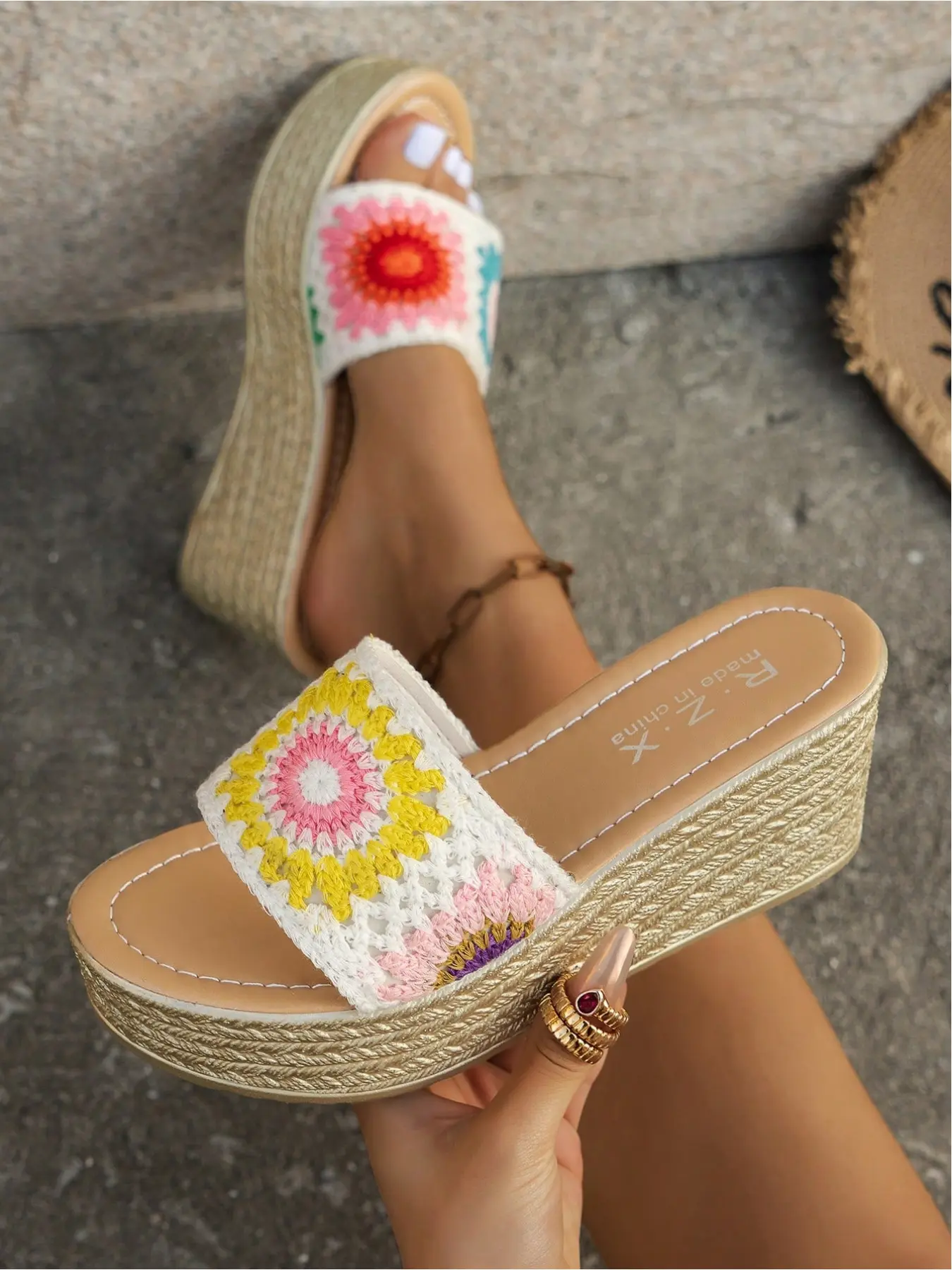 Vintage Bohemian Resort Style Women's Summer Handmade Crochet & Straw Wedge Heels Beach Slides Sandals, Breathable, Thick Rubber Sole, Anti-Slip, Multiple Sizes & Colors, Perfect for Daily Wear