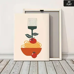 2D Flat, Vintage Italian Pasta & Tomato Sauce Canvas Wall Art Print - Minimalist Spaghetti & Meat Sauce Poster, Waterproof Wrapped Frameless Kitchen Decor for Home, Office, Restaurant - Affordable Italian Food Art Gift for Pasta Lovers	