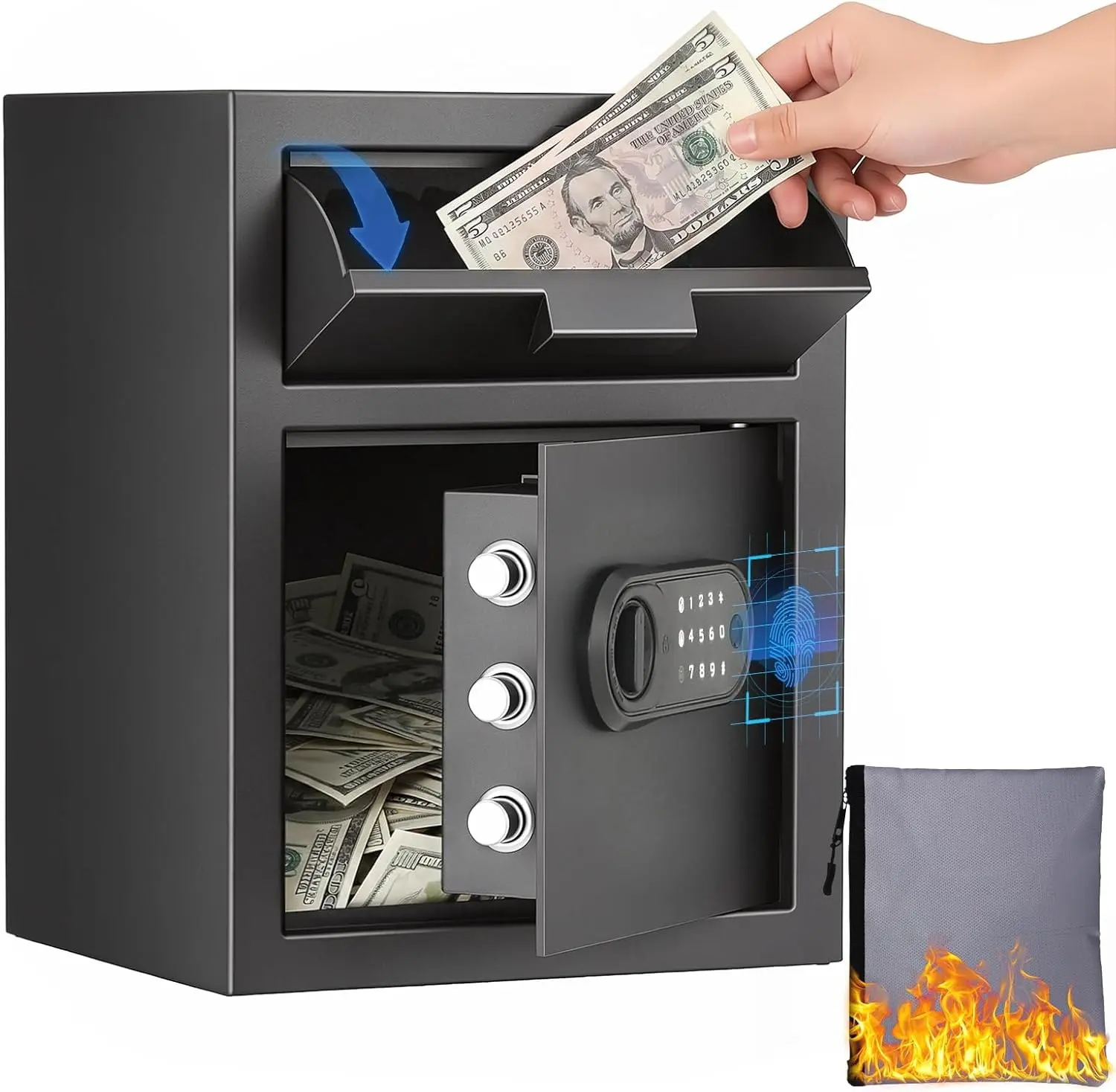 2.6 Cuft Biometric Drop Safe for Business, Fingerprint Cash Depository Safe with Anti-Fishing Slot, Digital Keypad, Emergency Key & Smart Alarm, Heavy Duty Money Safe for Retail Store