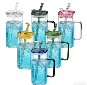 Square Straw Cups Set of 6 Colorful Drinkware with Handles for Easy Sipping Beverage Tin Cups with Straws for Parties and Daily Use aesthetic glass
