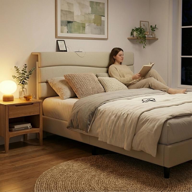 【Jumpstar On Sale】Raybee Modern & Quiet Luxury Upholstered Bed Frame with Adjustable Headboard【Frame ONLY,No Box Spring Needed】Center Support & Noise-Free Wooden Slats,Built-in Charging Station,Heavy Duty&Easy Assembly,The perfect first bed for teenagers