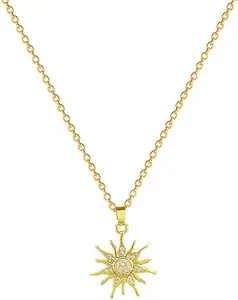 Dainty Crystal Sun Pendant Necklace for Women Gold-Plated Stainless Steel Boho Celestial Link Charm Chain Adjustable 16-18 Inch Delicate Jewelry Gift