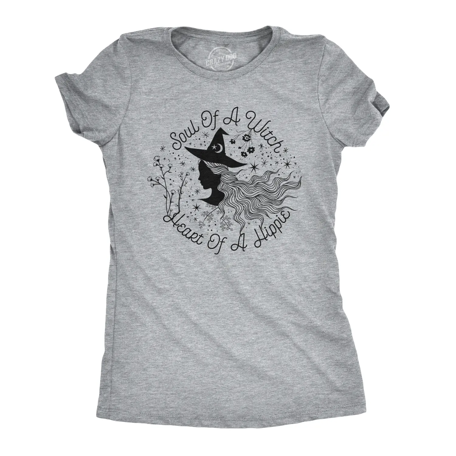 Womens Soul Of A Witch Heart Of A Hippie T Shirt Funny Halloween Tee Funny Womens T Shirts Cute Vintage Fashion Casual Ladies T-Shirt Gift Halloween Tops for Women Women's Novelty Tees Light Grey