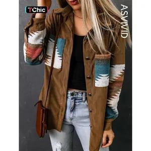 Women's Western Geometric Print Collared Button Front Corduroy Coat, Casual Pocket Long Sleeve Outerwear for Spring & Fall, Ladies Clothes for Daily Wear