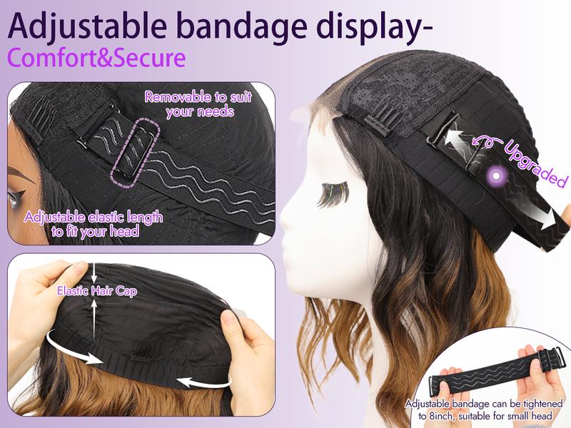 [AISI HAIR]Short Wavy Wig for Women Ombre Brown Lace Hairline Wig Bob Style Synthetic Heat Resistant - Natural Appearance for Everyday Hairstyle 14 Inch