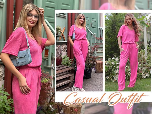 EKOUAER women's two-piece short sleeved top and cropped pants casual wear and S-XXL comfortable and soft casual wear light spring and summer set