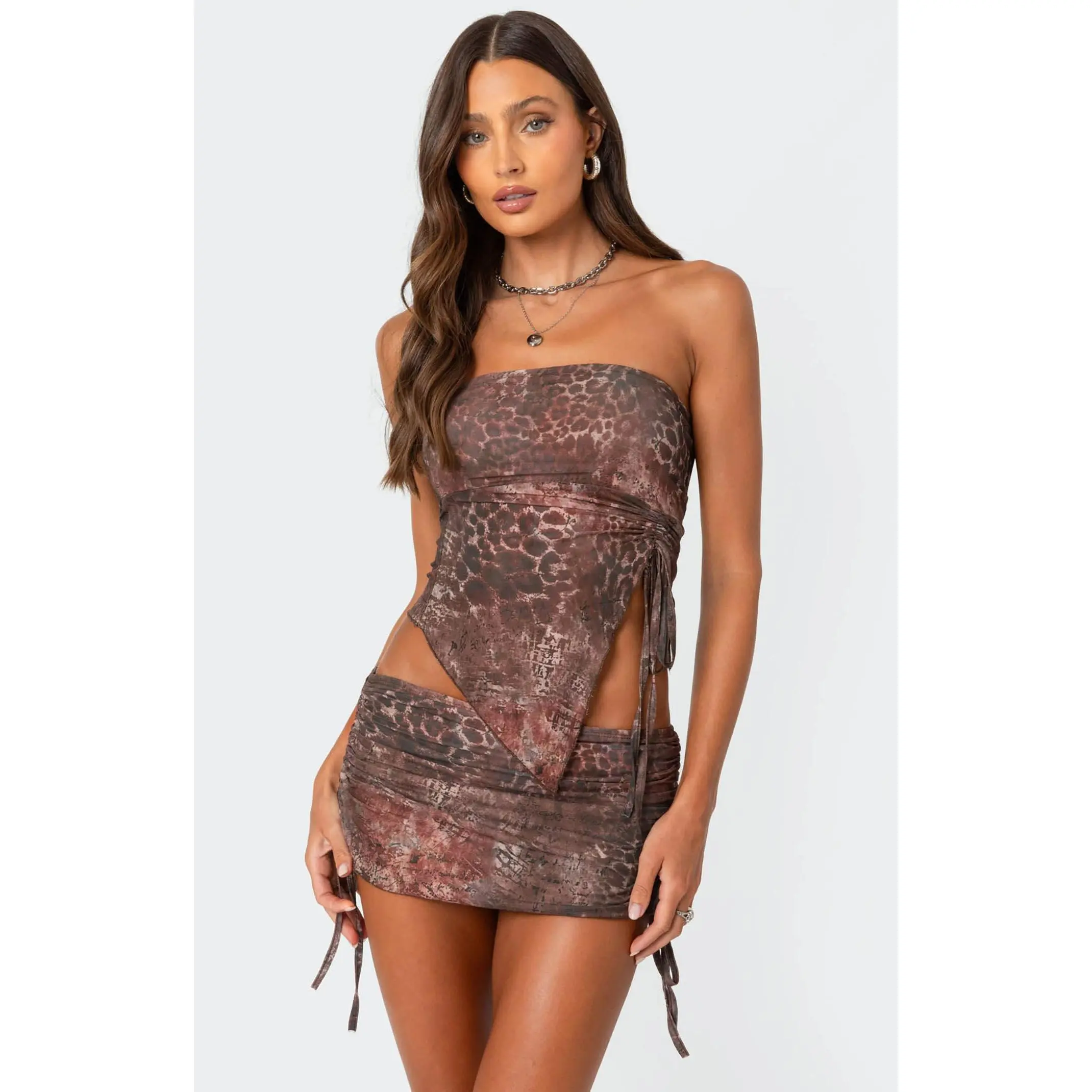 Edikted Women's Leopard Printed Asymmetric Mesh Tube Top