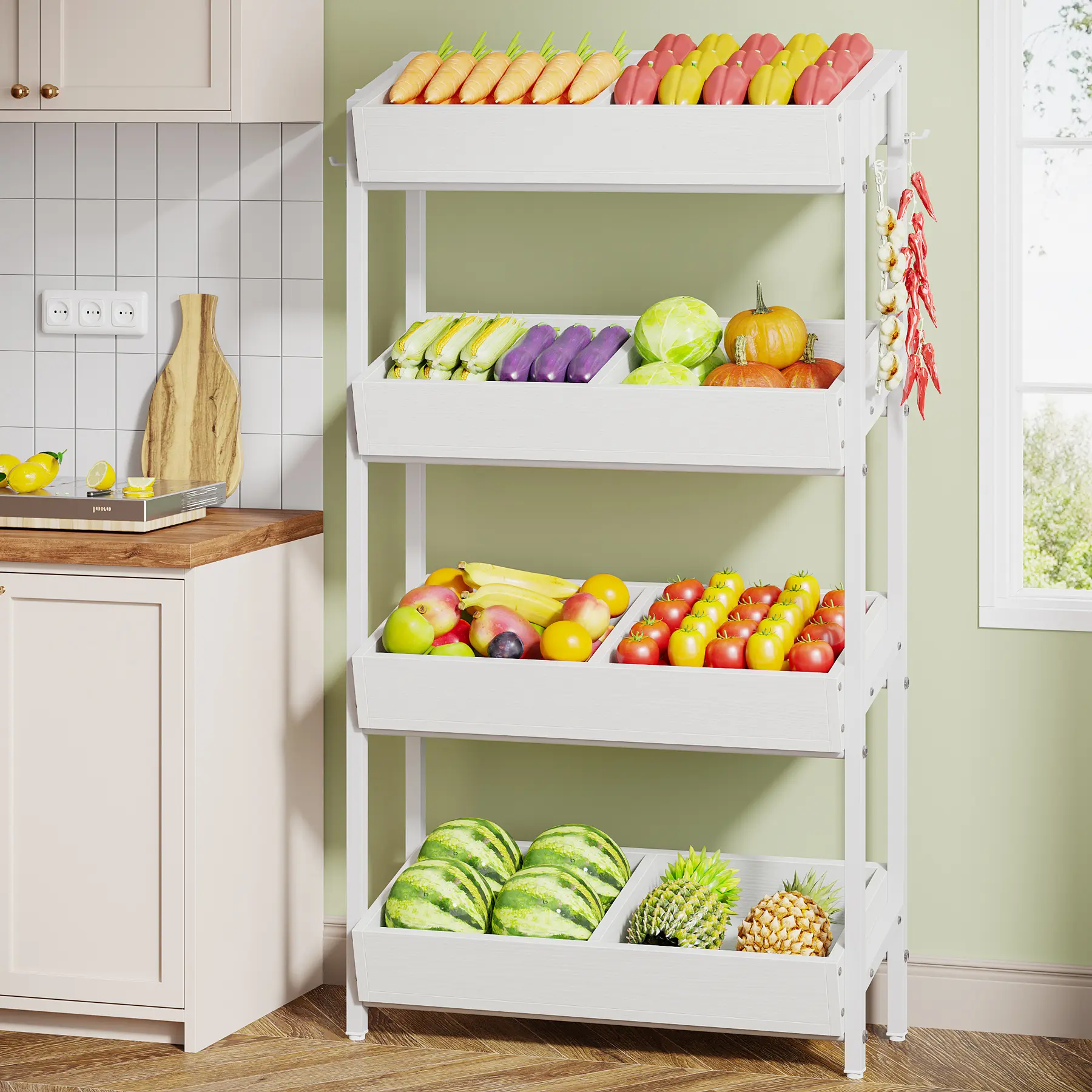 Tribesigns 4-Tier Retail Display Rack Stand, Wooden Snack Candy Rack with Wood Chip Shelf, Heavy-Duty Metal Concession Stand for Potato Chips (White) Organiser