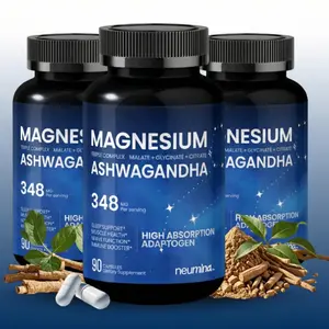 [3-Bottle] Neumina Triple Complex Magnesium & Ashwagandha Essential Minerals Supplement with Vitamin B6 & Black Pepper for Night Shifts & Mood Support 348 mg - Adaptogenic Mushrooms