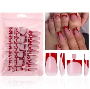 60Pcs Red French Tip Press on Nails & Press on Toenails Set, Square Press on Nails Medium Fake Nails Red French Press on Toenails Full Cover Stick on Press ons for Women