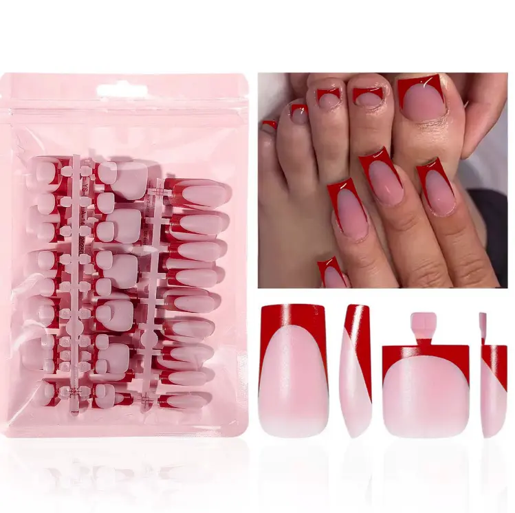 60Pcs Red French Tip Press on Nails & Press on Toenails Set, Square Press on Nails Medium Fake Nails Red French Press on Toenails Full Cover Stick on Press ons for Women