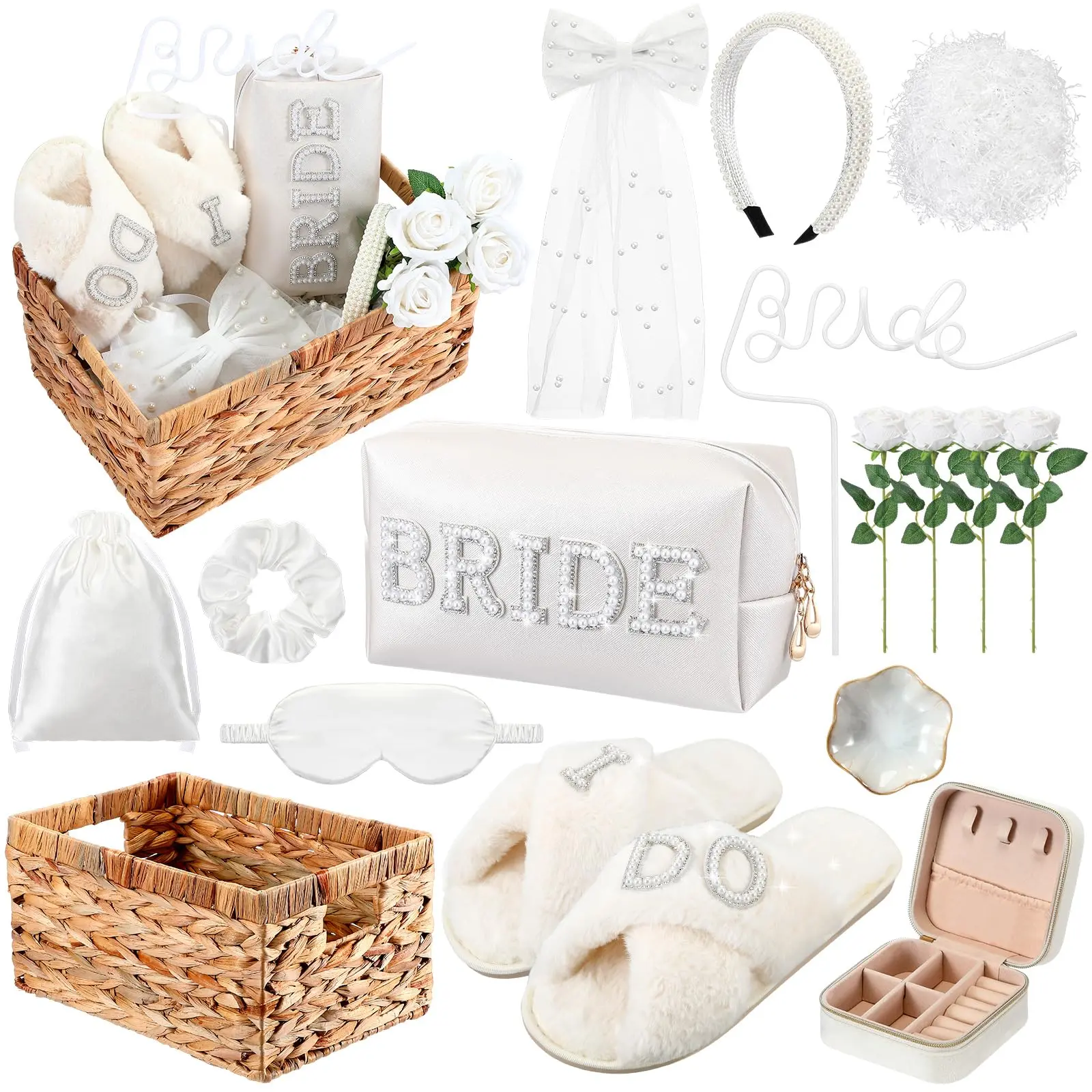 16 Pcs Bride Gifts Basket Set for Bridal Shower Bachelorette Party,  Include Wicker Basket, Bride Makeup Bag, Slippers, Headband, Jewelry Box, Bow Clip, Jewelry Tray,  Bride shaped straw, Artificial Rose and Rafi Grass for Bridal Stuff, Engagement Gifts