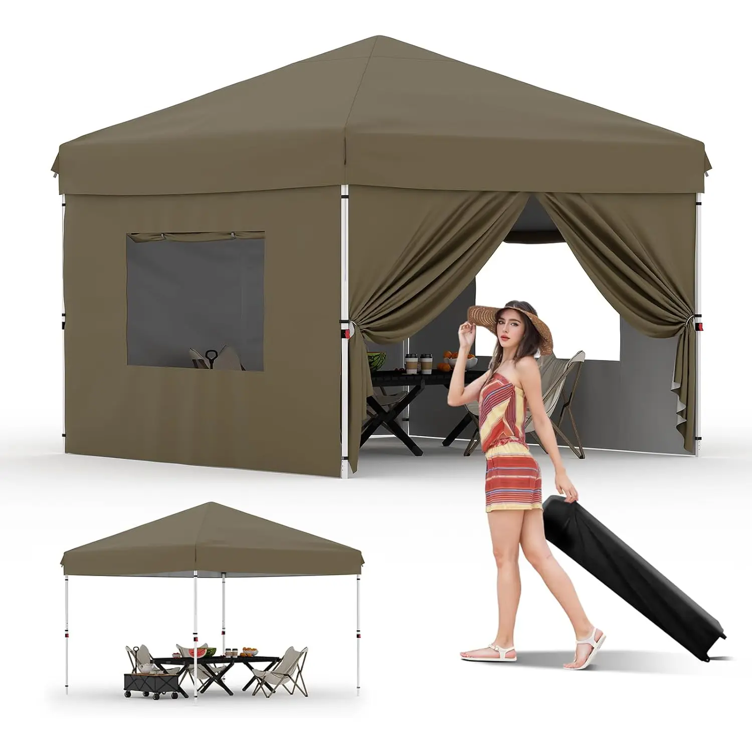 Heavy-Duty Pop Up Canopy Tent, Waterproof Outdoor Gazebo with Removable Sidewalls and Clear Windows, 3-Level Adjustable Height, Comes with Wheeled Bag, Sandbags, Ropes & Stakes, All-Weather Shelter for Events, Parties, Camping, Backyard & Garden