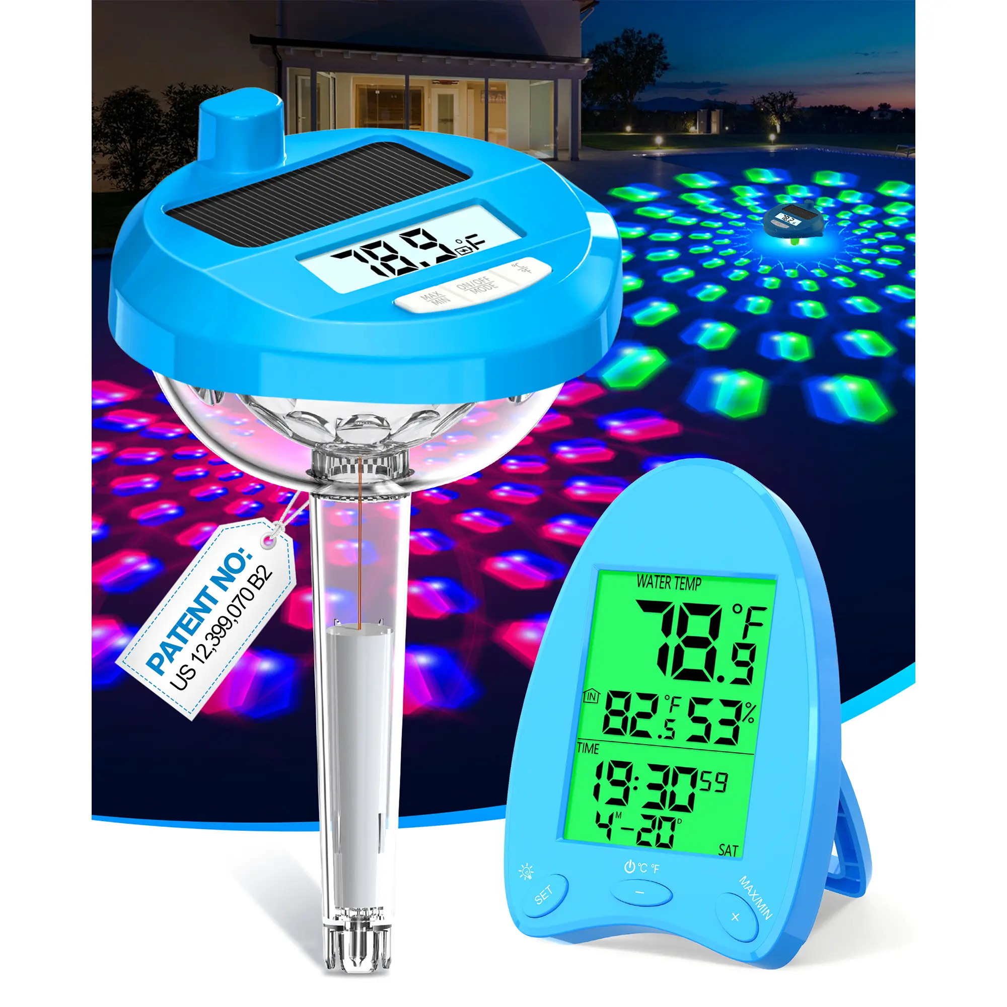2026 Solar Pool Thermometer Wireless - Transmission |   Pool Temperature Thermometer with Light Show |   Dual Backlit Display for Easy Read |   with Indoor Temperature Humidity Monitor |   Floating Water Temperature Gauge for Hot