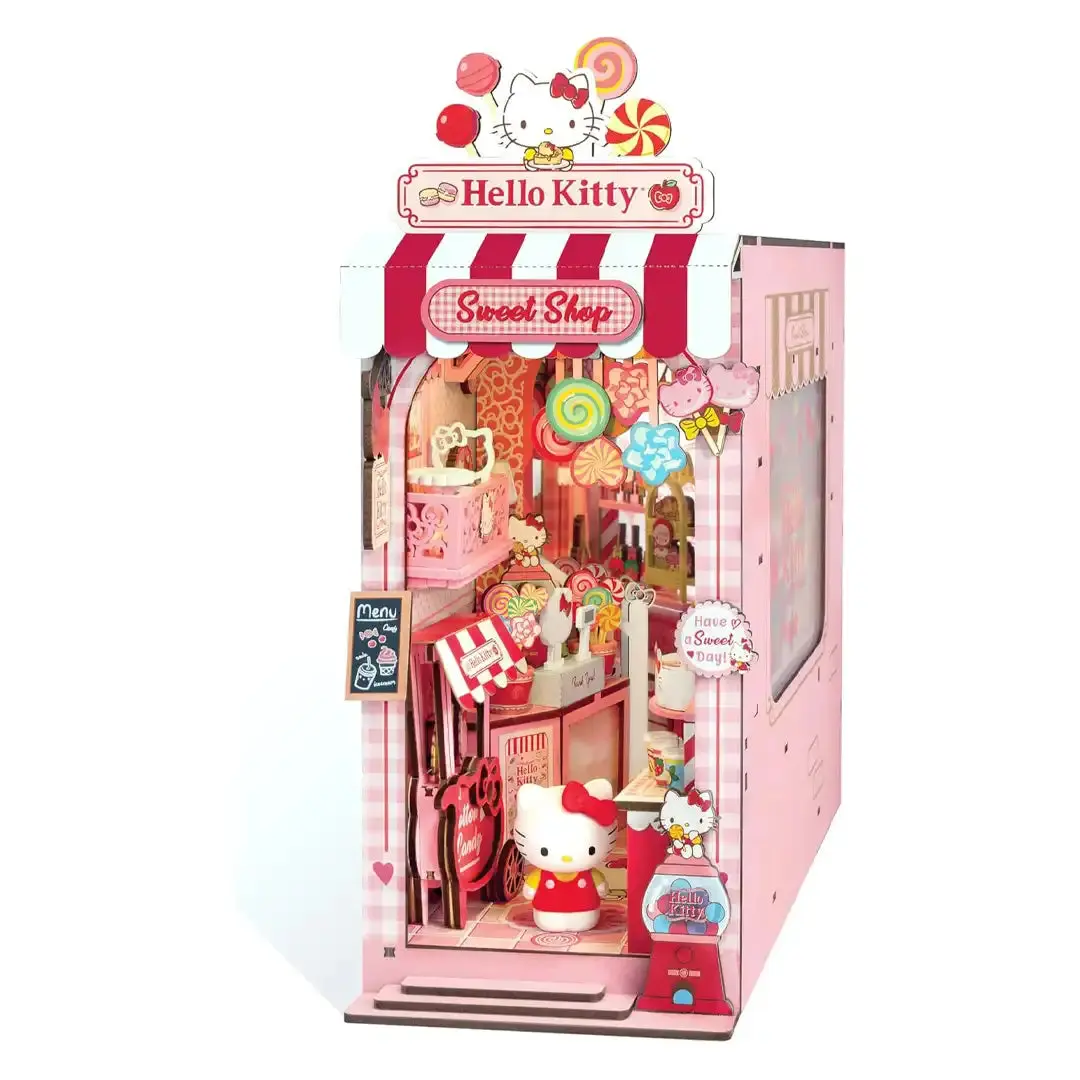 Hello Kitty Sweet Shop Miniature Book Nook DIY Kit, Striped Hand-Craft Doll House Playset for Crafters, Ideal for 1 Birthday Scenario