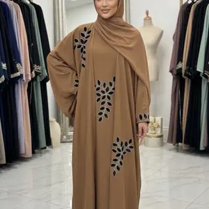Dubai Elegant mocha brown abaya with stunning black floral embroidery. Flowing, modest,