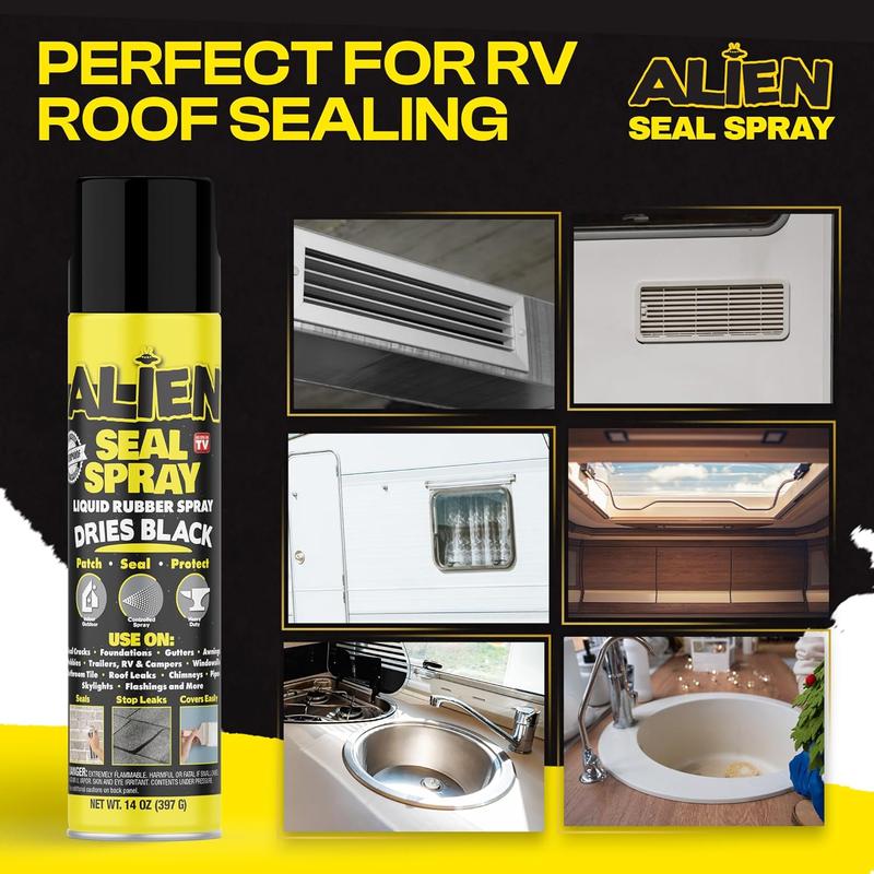 Alien Seal Spray Liquid Sealant Spray, Waterproof Liquid Rubber Spray Prevents Patches and Seals Leaks, Protects Surfaces, Works on Most Materials, Long Lasting, Dries Black or Clear-1 Can (14 Oz)