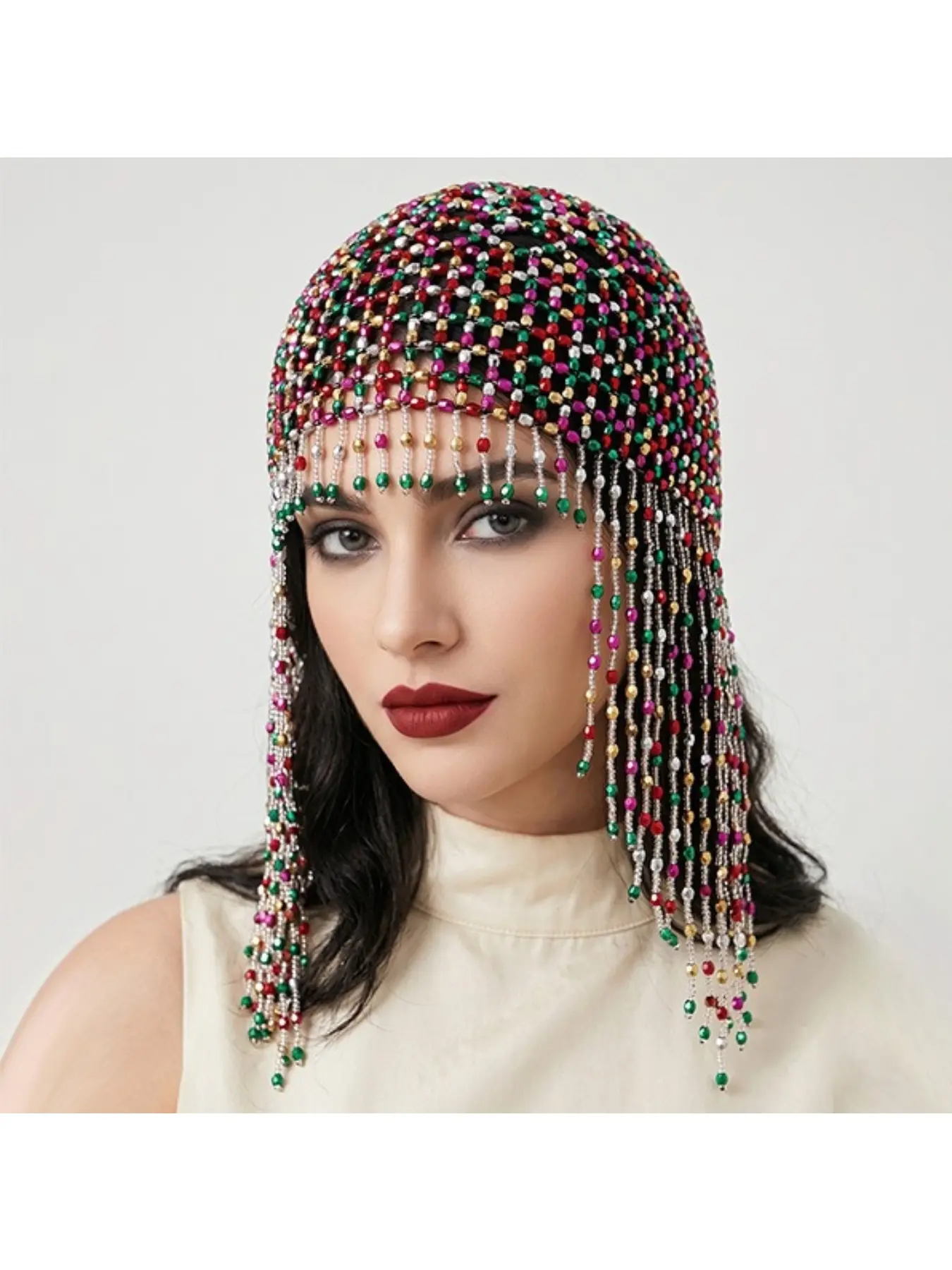 European and American retro beaded fringe hair chain handmade crochet mesh hair cap bridal gown lace embellished hairnet Bridal Accessory Wedding Hair Accessories
